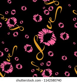 Seamless pattern. Romantic print for fabric. Love. Lettering. Kiss. Lip print. Valentine. Pink.  On black background. Vector.