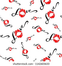 Seamless pattern. Romantic print for fabric. Love. Lettering. Kiss. Lip print. Valentine. Red.  On white background. Vector.