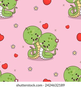 Seamless pattern with romantic snake on pink background with hearts. Cute valentine kawaii reptile animal character. Vector illustration