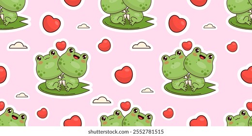 Nahtloses Muster mit romantischer Schlange auf rosafarbenem Hintergrund mit Herzen. Netter Valentinstag-Kawaii-Reptil-Tiercharakter. Vektorgrafik.