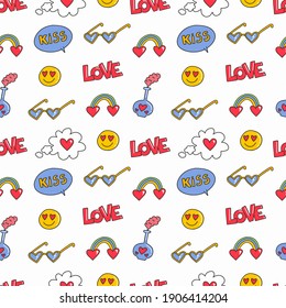 Seamless pattern with romantic stickers. Fashion patches of lips, hands, rainbow, hearts, sun glasses, comic bubbles etc. Cartoon style. Vector illustration