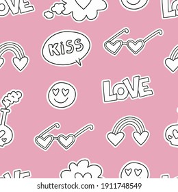 Seamless pattern with romantic stickers. Fashion patches of lips, hands, rainbow, hearts, sun glasses, comic bubbles etc. Cartoon style. Vector illustration