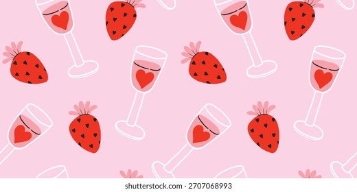 Seamless pattern with Romantic strawberry, glass of wine for Valentine's day, pink background. Glasses, strawberries, berries, love, heart. 8 March, Mother's day, Valentine's Day background. Textile