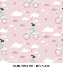 
Seamless pattern in a romantic style. A cute girl rides a bike, among the clouds and hearts. Background for Valentine's Day.