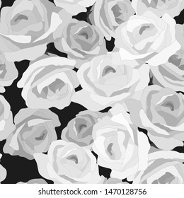 seamless pattern in romantic style, ornament with roses, wedding background, in gray monochrome colors