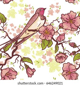 Seamless pattern with romantic swallow on blooming tree branches, sketch style, vector illustration