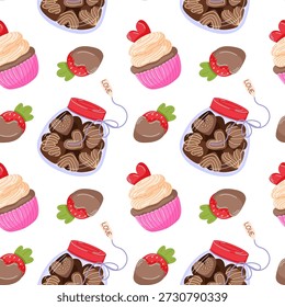 Patrón sin fisuras de dulces románticos con dulces de chocolate, cupcake, fresa y tarros de regalo con etiquetas de amor en estilo plano. Perfecto para el diseño temático del día de San Valentín.