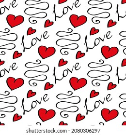 Seamless pattern with romantic text Love and red hearts on white background. Vector image.