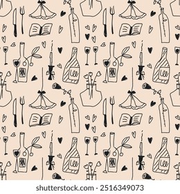 Seamless pattern of romantic theme: wine, flowers, hearts, book. Template for Notebook covers, pattern for wallpapers, textile, wrapping paper. Childish naive design, doodle vector art