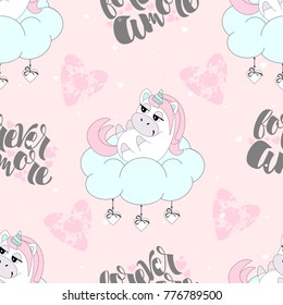 Seamless pattern with romantic unicorns. Valentine's Day. Vector illustration.