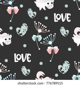 Seamless pattern with romantic unicorns. Valentine's Day. Vector illustration.