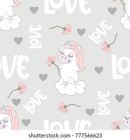 Seamless pattern with romantic unicorns. Valentine's Day. Vector illustration.
