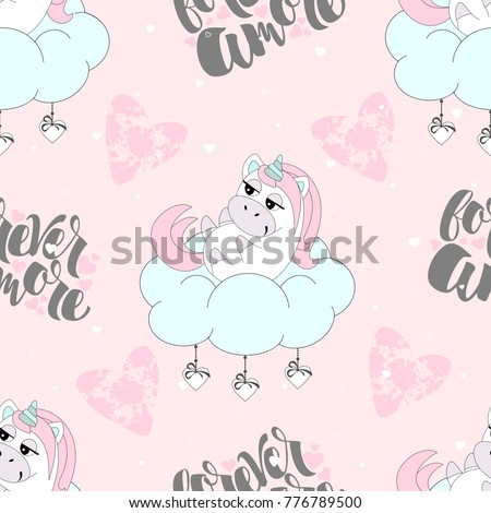 Seamless pattern with romantic unicorns. Valentine's Day. Vector illustration.