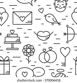 Seamless pattern with romantic vector icon in flat design. Cupid, birds, hearts, flower, lips and other. Valentine's day characters and illustrations. Simple linear pictogram. Thin line style