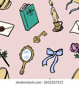 Seamless pattern with romantic victorian style. Hand draw, ink. Vector, isolated. Doodle with book, brief, bow, rose, candle, Bonet, key.