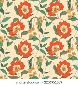 Seamless pattern, romantic vintage floral print with large wild plants on a light background. Beautiful botanical design with orange flowers, leaves, herbs in art nouveau style. Vector illustration.