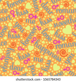 Seamless pattern with romantic words, heart shapes, man and woman symbols of various colors