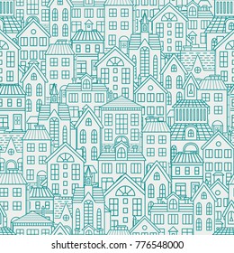 Seamless pattern with roofs and houses. Vector illustration.