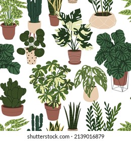 Seamless pattern with room plants in the pots. Paper and textile decor. Interior design. Modern Home plants. Flat style in Vector illustration.