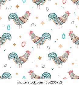 seamless pattern rooster in boho style