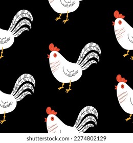 Seamless pattern with rooster. Chicken with brood. Cute lovely family of domestic fowl or poultry birds. Childish flat cartoon vector illustration.