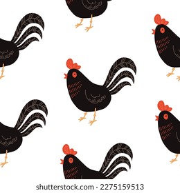 Seamless pattern with rooster. Chicken with brood. Cute lovely family of domestic fowl or poultry birds. Childish flat cartoon vector illustration.