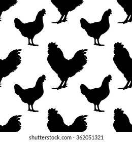 Seamless pattern with rooster and chicken in vector. Black and white illustration with poultry bird
