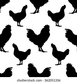 Seamless pattern with rooster and chicken in vector. Black and white illustration with poultry bird
