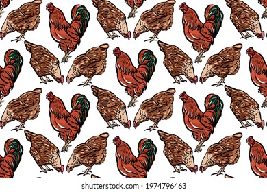 Seamless pattern. A rooster with chickens on a white background, the color of which can be changed to suit your design. Illustration in a realistic style.