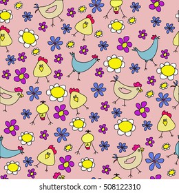 Seamless Pattern with Rooster and Flowers. Vector Illustration. 2017 Chinese New Year Symbols.Can be used for bedding, children's clothing, wallpaper, background