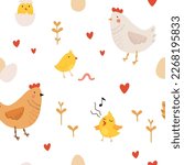 Seamless pattern with rooster, hen and chicks. Chicken with brood. Cute lovely family of domestic fowl or poultry birds. Childish flat cartoon vector illustration.