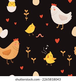 Seamless pattern with rooster, hen and chicks. Chicken with brood. Cute lovely family of domestic fowl or poultry birds. Childish flat cartoon vector illustration.