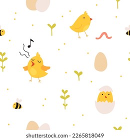 Seamless pattern with rooster, hen and chicks. Chicken with brood. Cute lovely family of domestic fowl or poultry birds. Childish flat cartoon vector illustration.