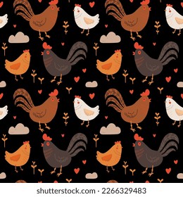 Seamless pattern with rooster, hen and chicks. Chicken with brood. Cute lovely family of domestic fowl or poultry birds. Childish flat cartoon vector illustration.