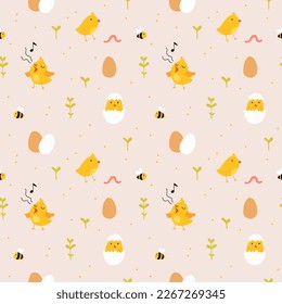 Seamless pattern with rooster, hen and chicks. Chicken with brood. Cute lovely family of domestic fowl or poultry birds. Childish flat cartoon vector illustration.