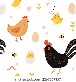 Seamless pattern with rooster, hen and chicks. Chicken with brood. Cute lovely family of domestic fowl or poultry birds. Childish flat cartoon vector illustration.