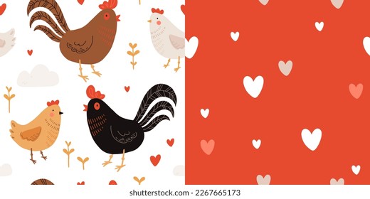 Seamless pattern with rooster, hen and chicks. Chicken with brood. Cute lovely family of domestic fowl or poultry birds. Childish flat cartoon vector illustration.