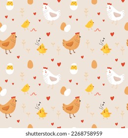 Patrón sin inconvenientes con gallos, gallinas y pollitos. Pollo con sangre. Hermosa familia de aves de corral o aves de corral domésticas. Dibujo vectorial de dibujos animados planos infantil.