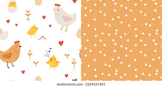 Seamless pattern with rooster, hen and chicks. Chicken with brood. Cute lovely family of domestic fowl or poultry birds. Childish flat cartoon vector illustration.