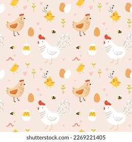 Seamless pattern with rooster, hen and chicks. Chicken with brood. Cute lovely family of domestic fowl or poultry birds. Childish flat cartoon vector illustration.