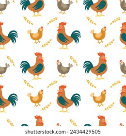 Seamless pattern with rooster and hen on white background. Spring, summer motif. Vector illustration, hand drawn, flat style.