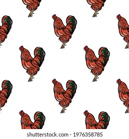 Seamless pattern. A rooster on a white background, not a frequent ornament. Illustration in a realistic style.