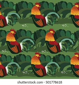 Seamless pattern with roosters and abstract nature background. All elements are not cropped and hidden under mask. Stylized bird. Graphic. Vector  