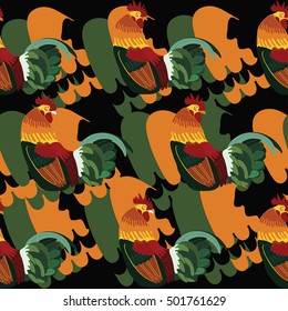 Seamless pattern with roosters and black abstract background. All elements are not cropped and hidden under mask. Vector