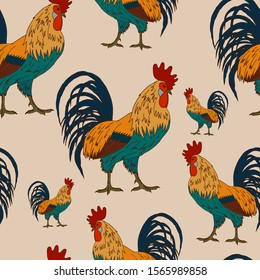 seamless pattern with roosters in bright colors, farm birds