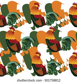 Seamless pattern with roosters and colored abstract background. All elements are not cropped and hidden under mask. Vector.