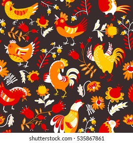 Seamless pattern with roosters. Cute decorative floral background with hen and chicken in ethnic colorful style. Backdrop for textile and easter cards