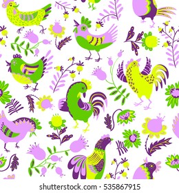 Seamless pattern with roosters. Cute decorative floral background with hen and chicken in ethnic colorful style. Backdrop for textile and easter cards