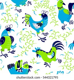 Seamless pattern with roosters. Cute decorative floral background with hen and chicken in ethnic colorful style. Backdrop for textile and easter cards