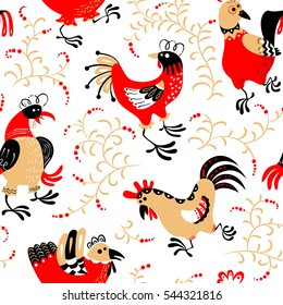 Seamless pattern with roosters. Cute decorative floral background with hen and chicken in ethnic colorful style. Backdrop for textile and easter cards